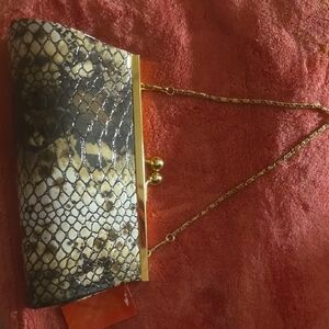 Snake-Print Evening Clutch with Gold Chain
